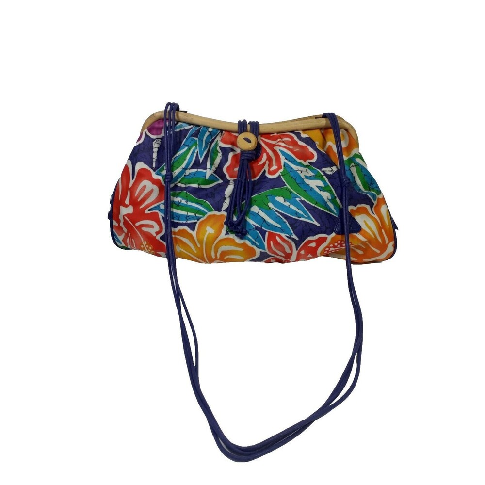 Vintage 90s Liz Claiborne Tropical Hawaiian Floral Canvas Wood Frame Pur…